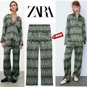 ZARA Green High Waisted Elastic Drawstring Flowy Printed Pants Sz XS NWT